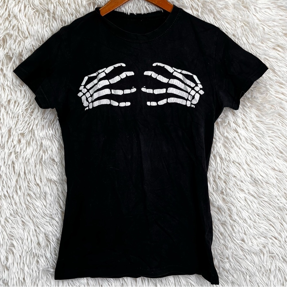 Vintage Y2K 2001 Misfits Skeleton Hands Black T Shirt Punk Rock Band Women Small